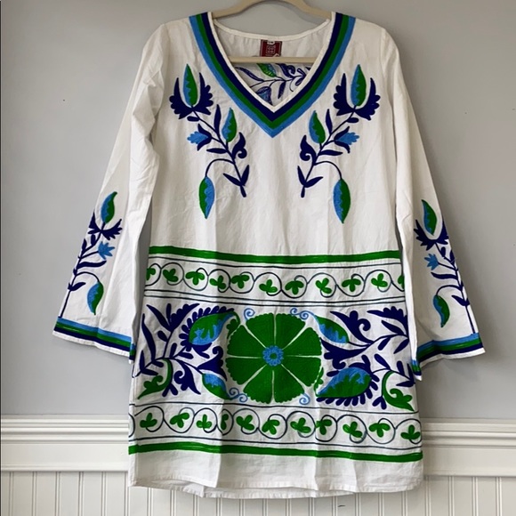 Boho Handmade Mini Dress Embroidered S/M 100%cotton Kelly Green/Blue Retail $208 - Picture 4 of 14